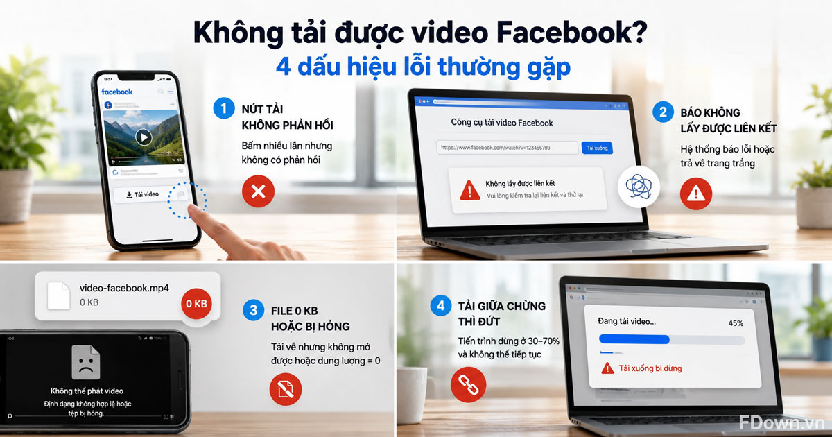 Minh họa lỗi không tải được video Facebook trên điện thoại và máy tính
