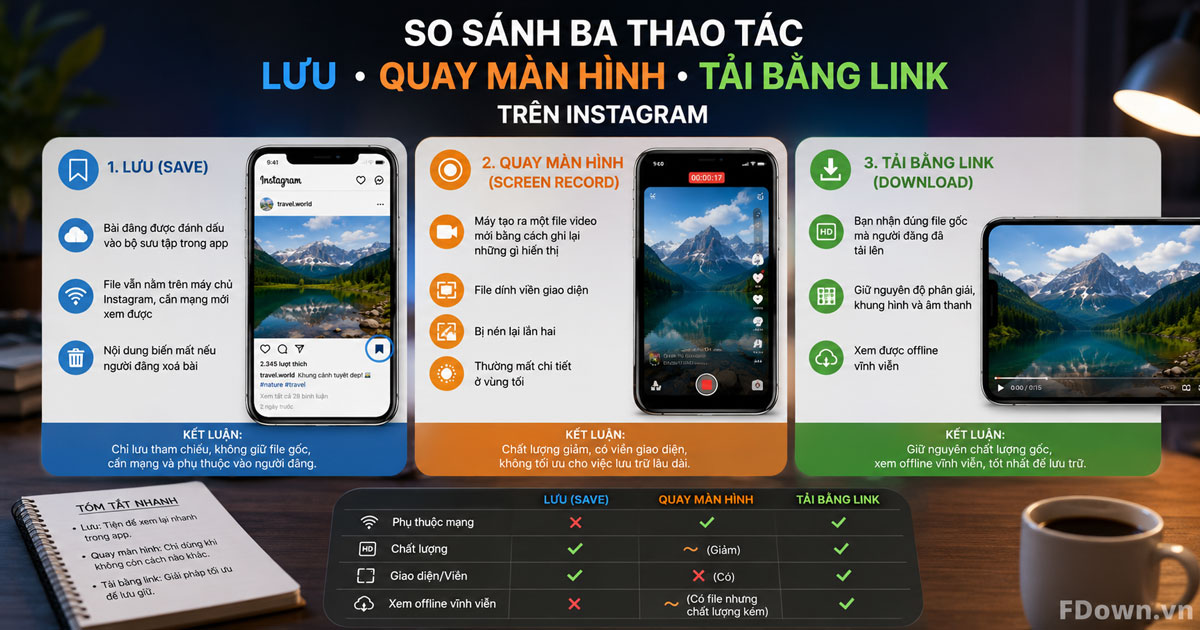 So sánh ba thao tác lưu, quay màn hình và tải bằng link trên Instagram