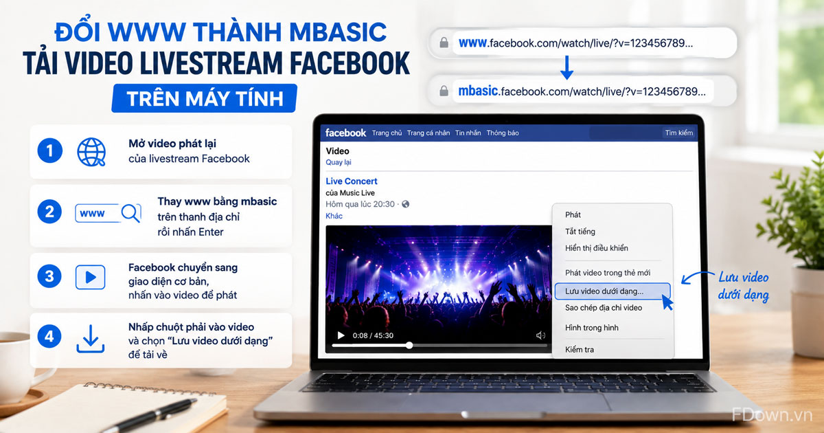 Mẹo đổi www thành mbasic để tải video livestream Facebook trên máy tính