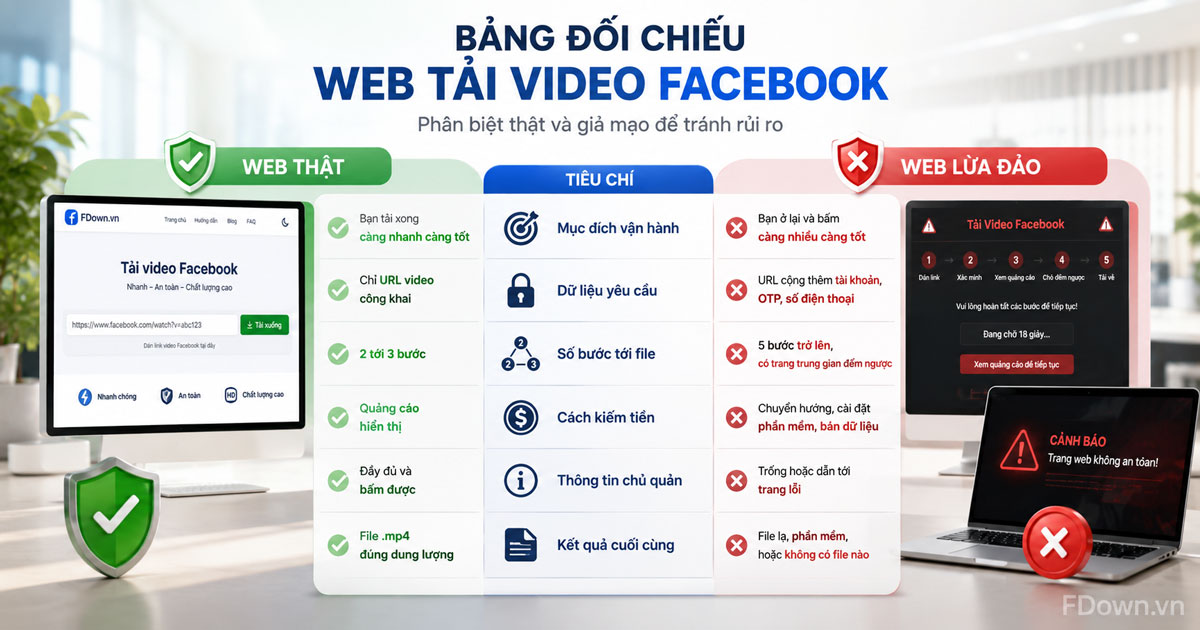 Bảng đối chiếu web tải video Facebook thật và web tải video giả mạo