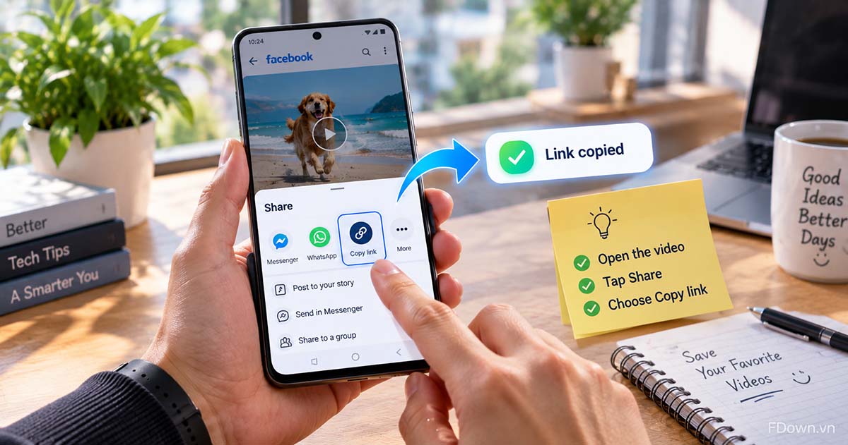 The Copy link option in the Facebook Share menu on a phone