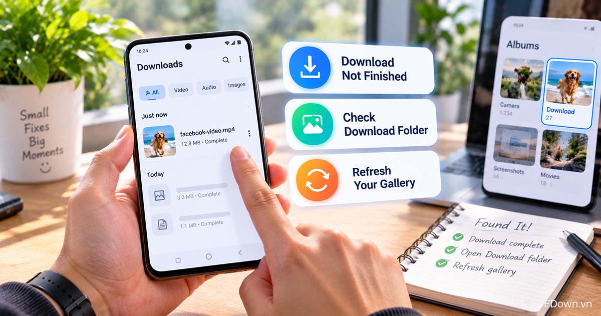A finished Facebook MP4 file in the Chrome download list on Android