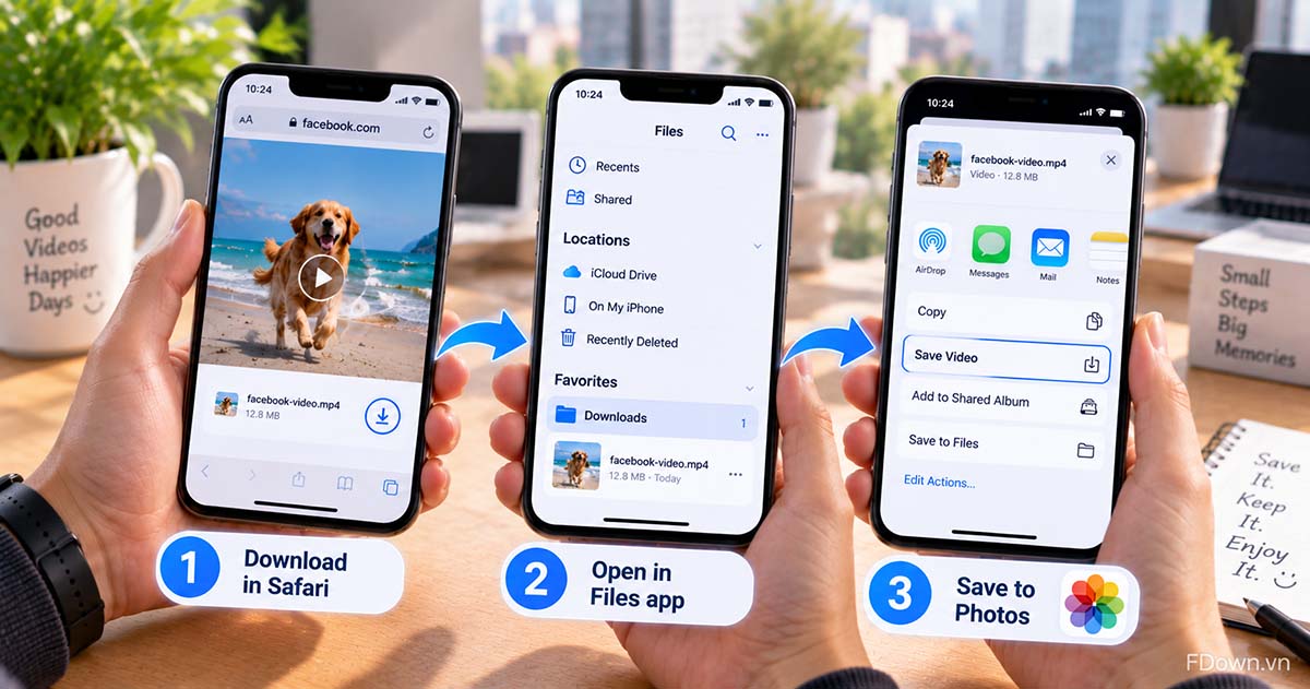 A downloaded Facebook video in the Downloads folder of the Files app on iPhone