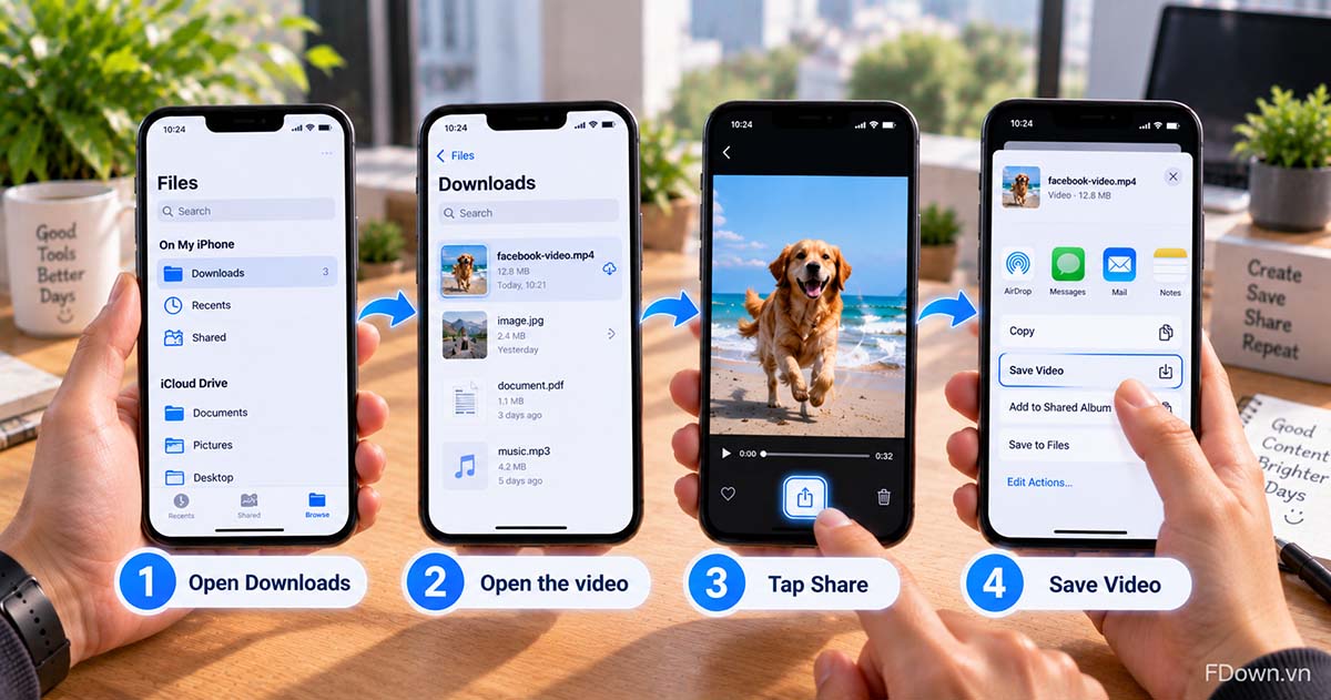 The Save Video option in the iPhone Share sheet for a Facebook video in Files