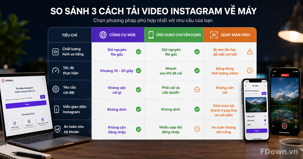 Bảng so sánh ba cách tải video Instagram về máy