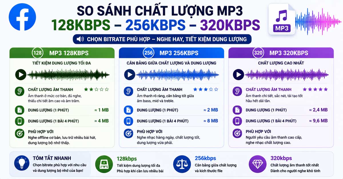 So sánh chất lượng MP3 128kbps 256kbps 320kbps Nên tải âm thanh Facebook MP3 ở chất lượng nào 128kbps 256kbps hay 320kbps