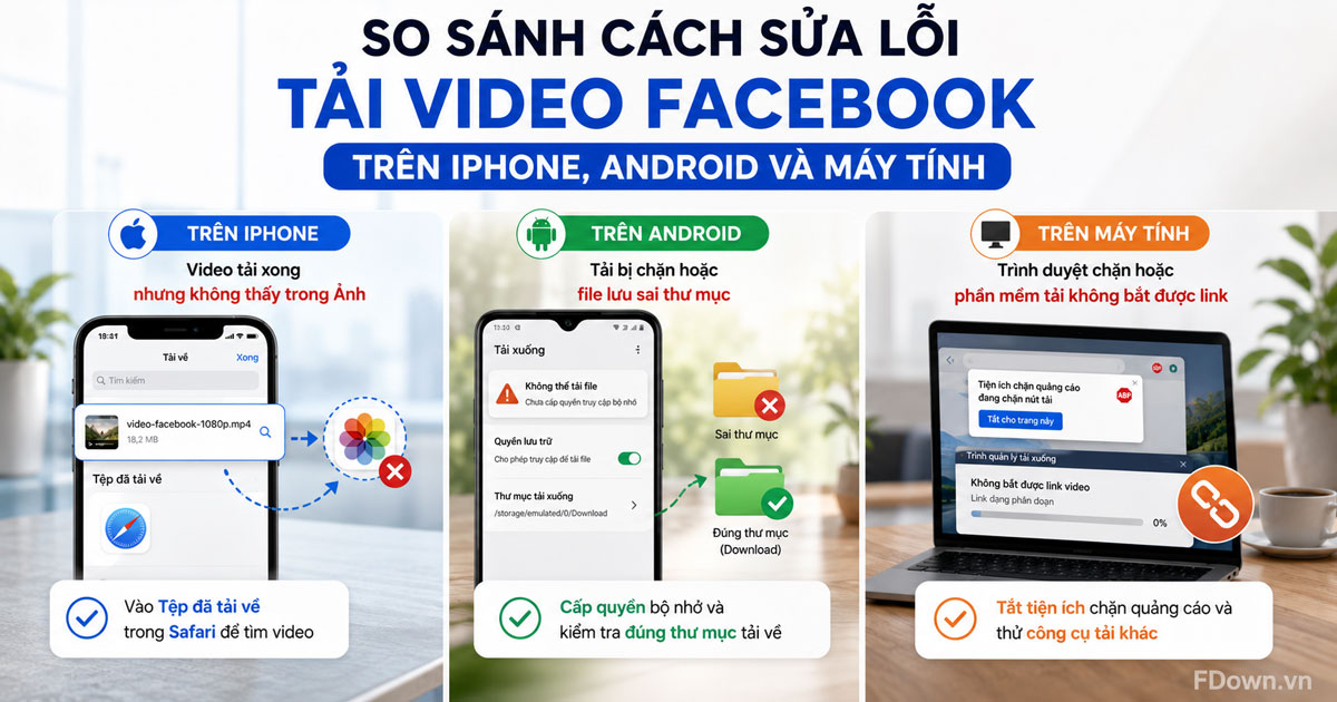 So sánh cách sửa lỗi tải video Facebook trên iPhone, Android và máy tính