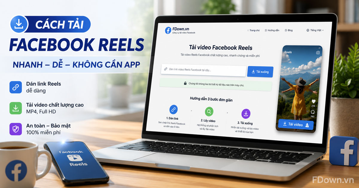 Giao diện công cụ tải Facebook Reels trên trình duyệt với ô dán link và nút tải xuống