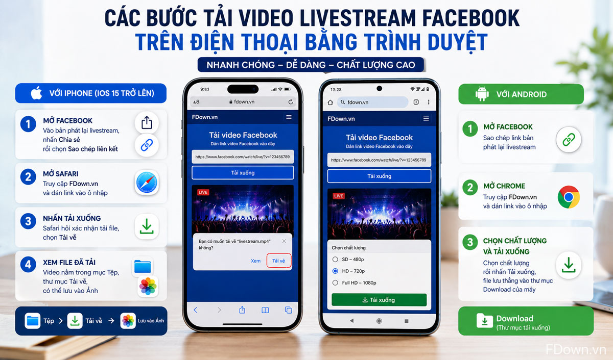 Các bước tải video livestream Facebook trên điện thoại iPhone và Android bằng trình duyệt