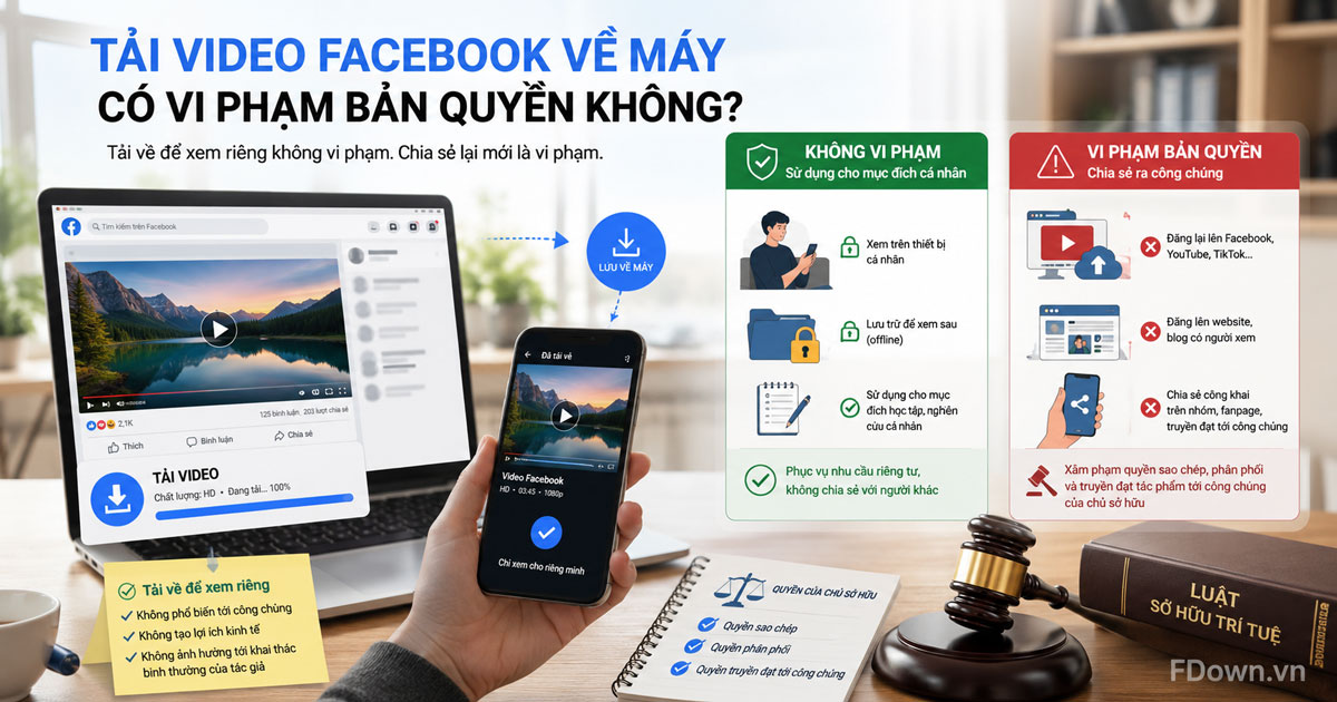 Minh họa hành vi tải video Facebook về máy và ranh giới bản quyền