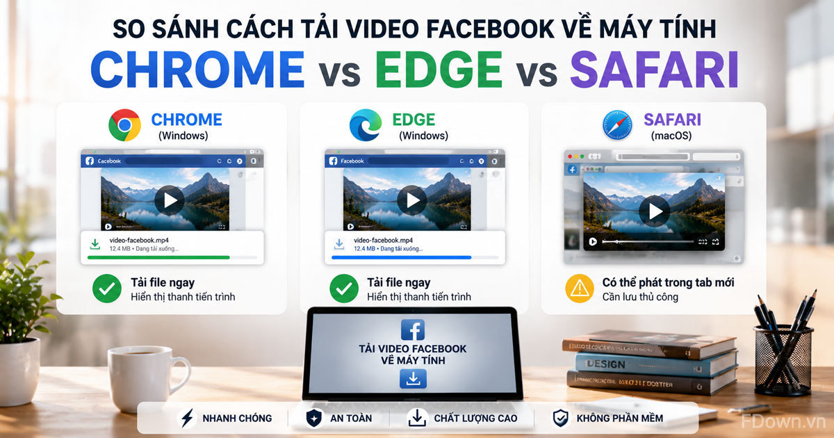 So sánh cách tải video trên Facebook về máy tính giữa Chrome, Edge và Safari