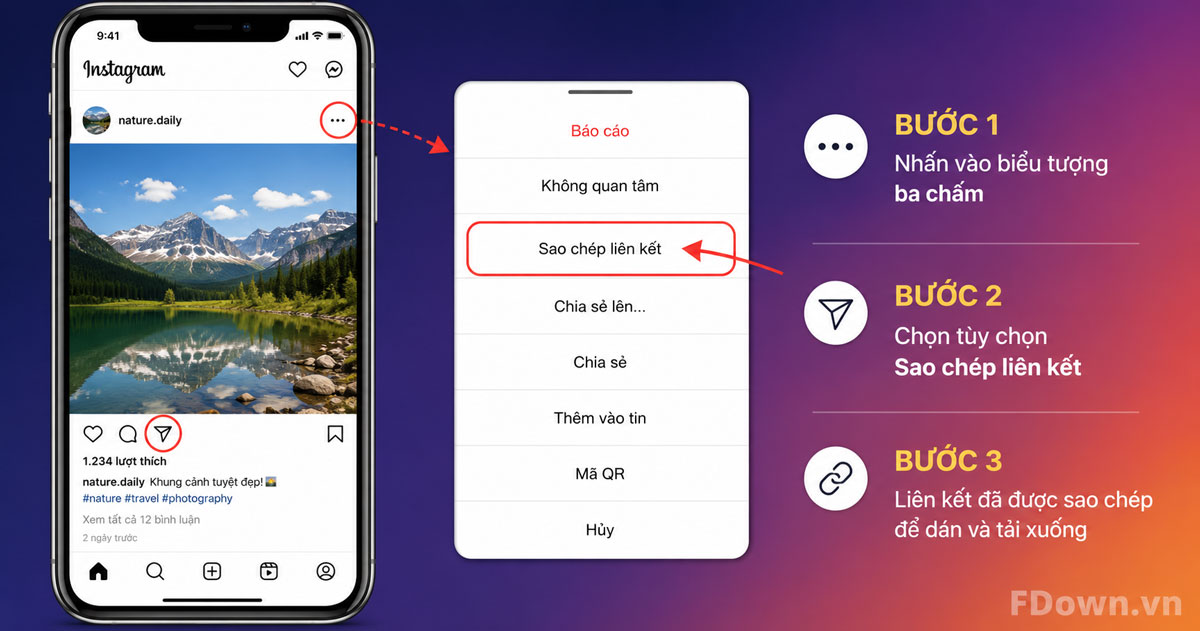 Giao diện Instagram với nút chia sẻ và tuỳ chọn Sao chép liên kết được đánh dấu