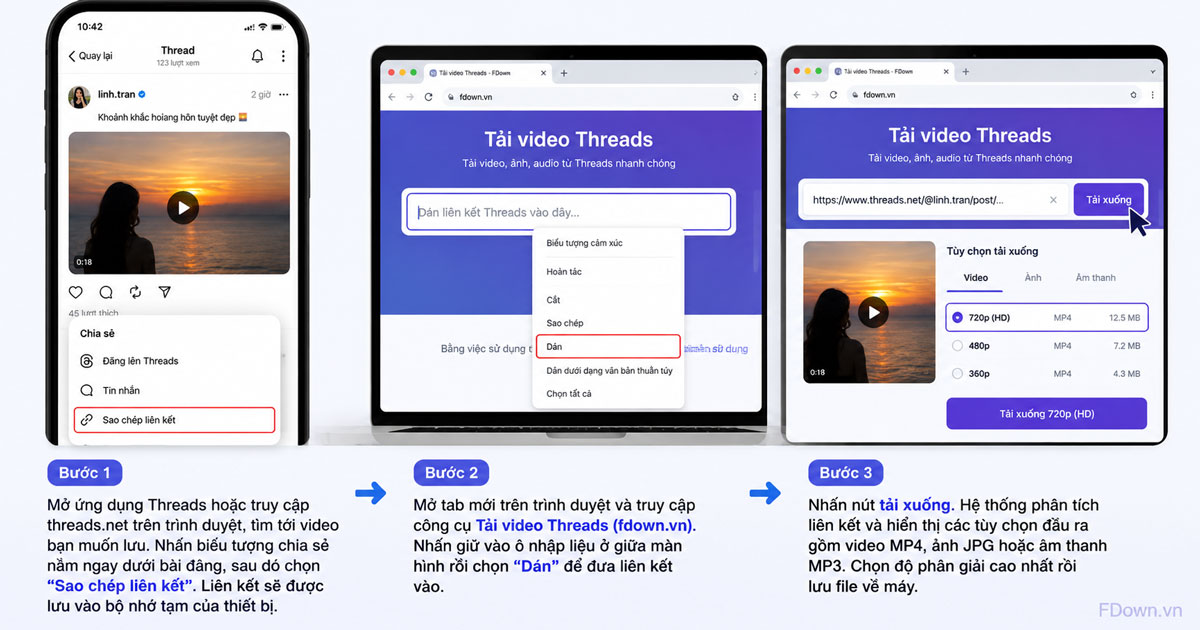 Thao tác dán liên kết video Threads vào công cụ tải trực tuyến trên trình duyệt