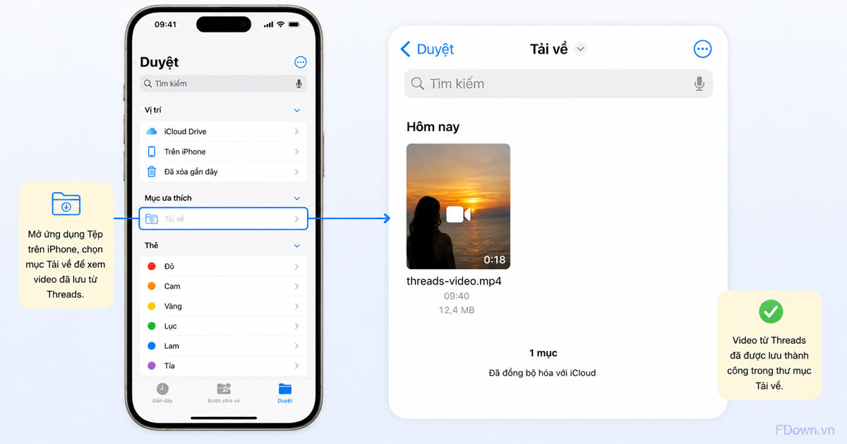 Vị trí thư mục Tải về trong ứng dụng Tệp trên iPhone sau khi lưu video Threads