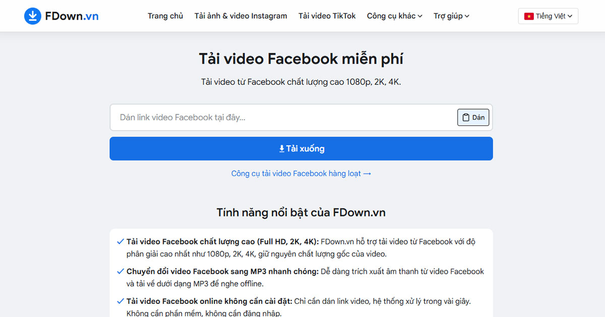 Giao diện tải video Facebook trên FDown.vn