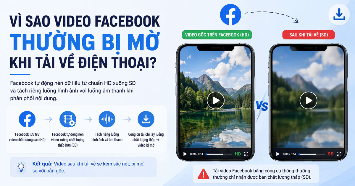 Minh họa hiện tượng video Facebook bị mờ khi tải về điện thoại